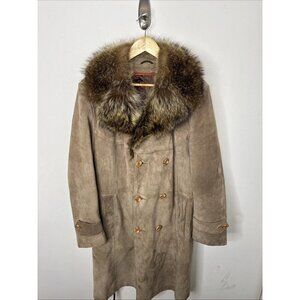 Vintage Mirabel Woman 44 XL Leather Peacoat Overcoat Penny lane Fur Trim Collar